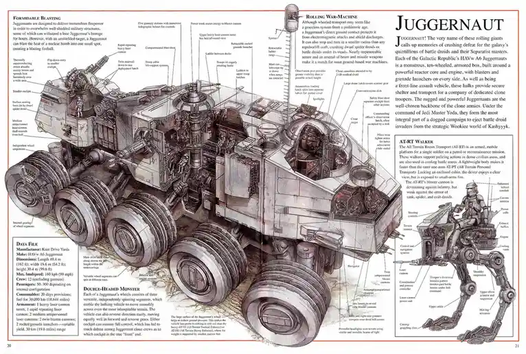This image is a detailed, cutaway technical schematic of a Star Wars Juggernaut and AT-RT Walker, showing internal…