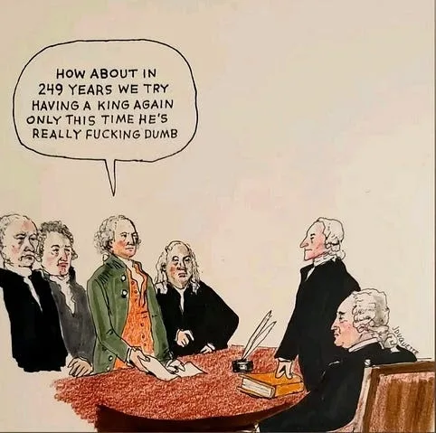 A cartoon depicts several historical figures, likely American Founding Fathers, seated around a wooden table. One man in a…