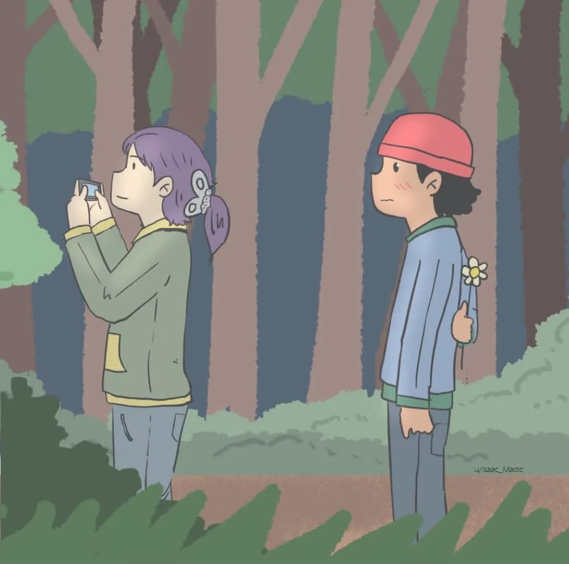 Two anime-style characters stand in a forest. The girl with purple hair holds up a phone as if taking a photo, while the boy…
