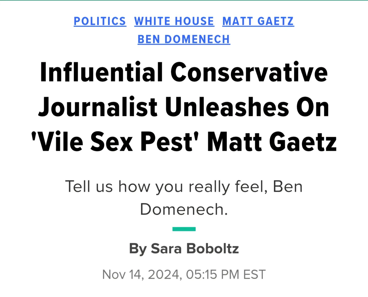The image displays a mock news article headline with blue underlined tags for 'POLITICS', 'WHITE HOUSE', 'MATT GAETZ', and…