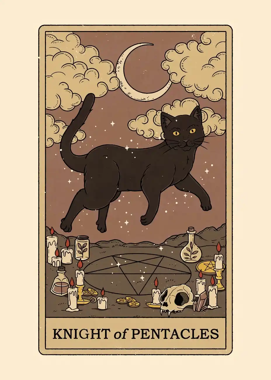A tarot card illustration labeled 'KNIGHT of PENTACLES' depicts a black cat leaping through a starry night sky with a…