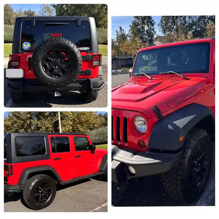 A red Jeep Wrangler with black trim and large off-road tires is shown from four angles: rear, front, side, and…