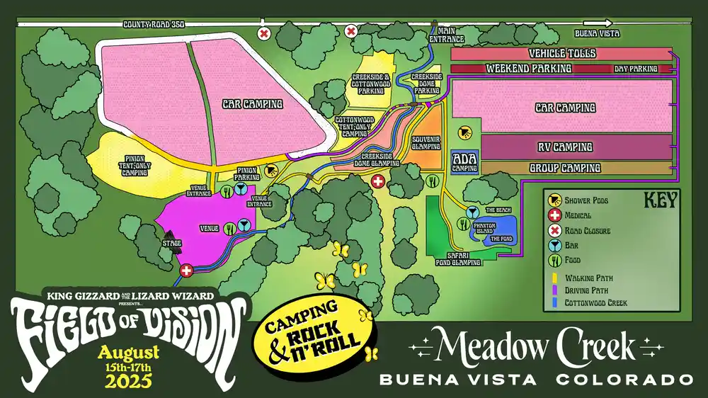 A colorful festival map for 'Field of Vision' by King Gizzard & The Lizard Wizard in August 2025 at Meadow Creek, Colorado…