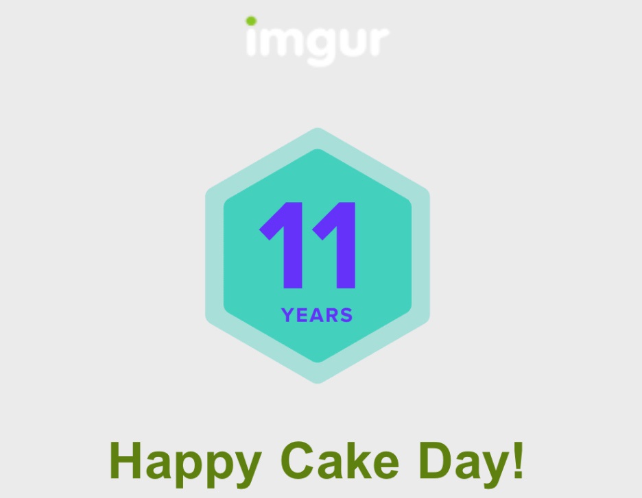 An Imgur celebratory graphic shows a teal hexagon with the number 11 and the word 'YEARS' in purple, below which is the…