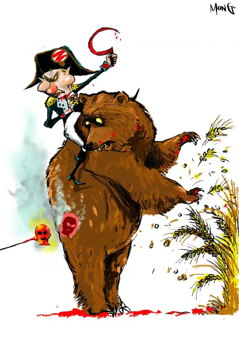 A cartoonish caricature of Napoleon Bonaparte, wearing his iconic hat and uniform, is depicted riding a large brown bear…