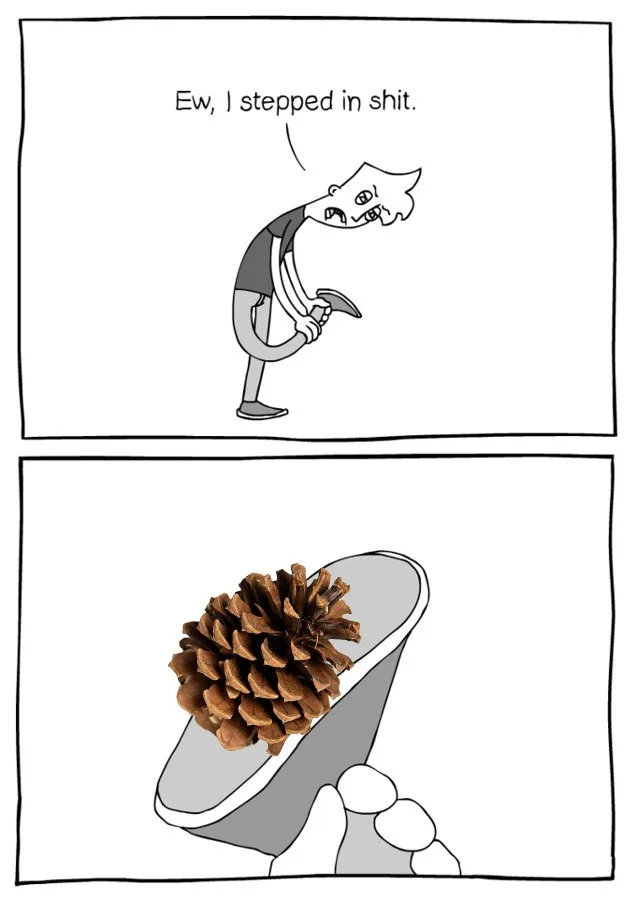 A two-panel comic shows a person grimacing and holding their foot, exclaiming 'Ew, I stepped in shit.' The second panel…