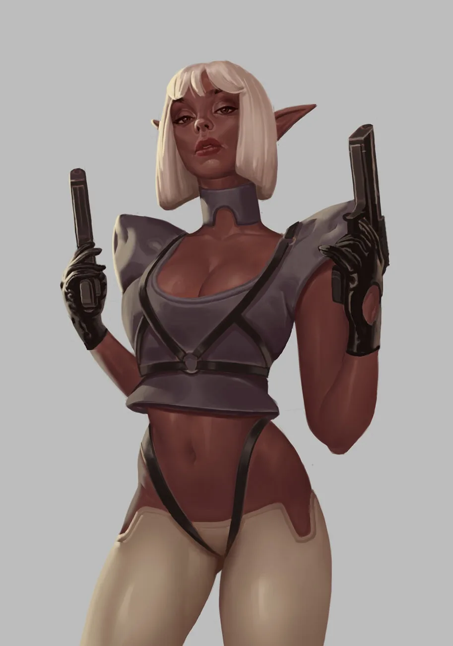 A digitally rendered elf woman with short white hair and pointed ears, wearing a revealing grey and black outfit with…