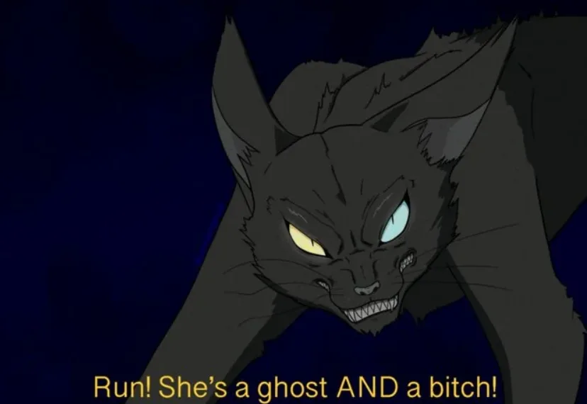 A menacing black cat with glowing yellow and blue eyes snarls aggressively against a dark blue background. The overlaid text…