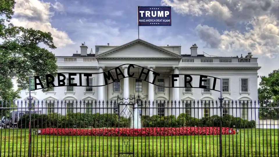 The White House is shown with a 'TRUMP MAKE AMERICA GREAT AGAIN!' flag flying atop. Superimposed across the front is the…