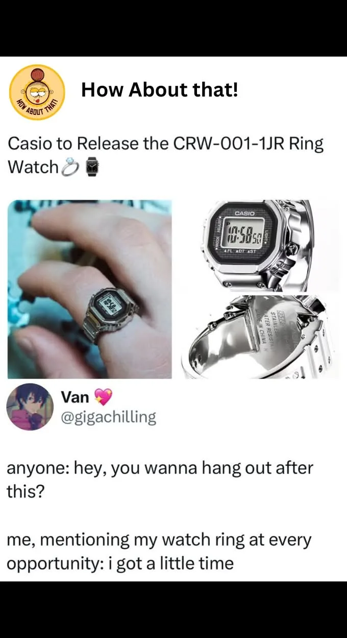 The image shows a Casio digital watch designed to look like a ring, displayed on a finger and from multiple angles. Overlaid…