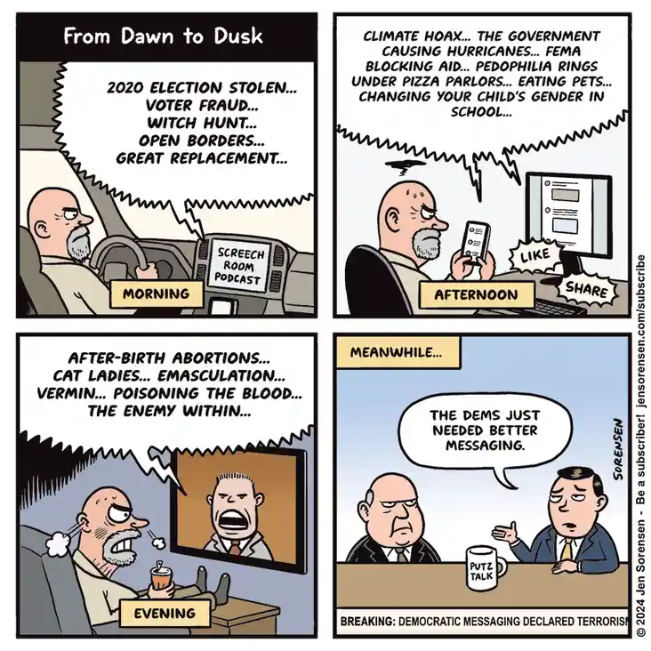 A four-panel comic strip shows a man consuming increasingly extreme conspiracy theories from morning to evening, culminating…