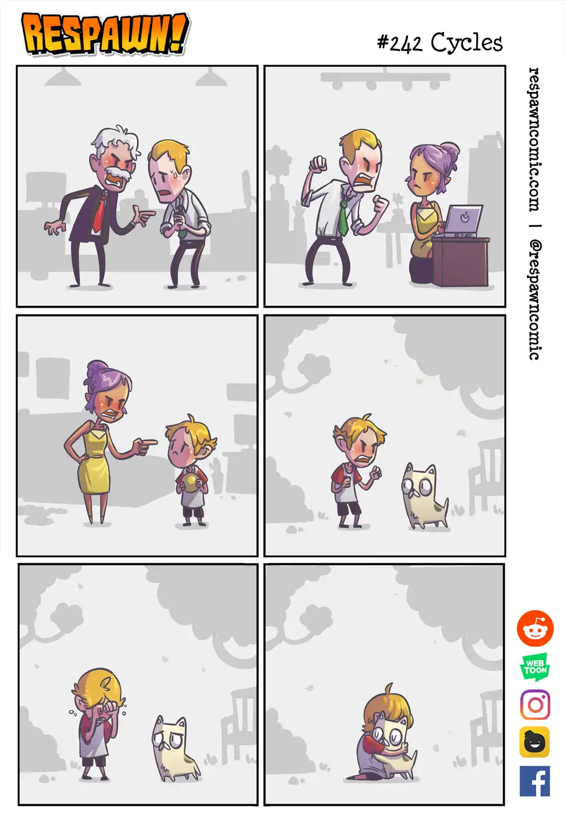 A six-panel comic strip from 'Respawn!' shows a man being scolded by an older man, then yelling at a woman at a desk, then…