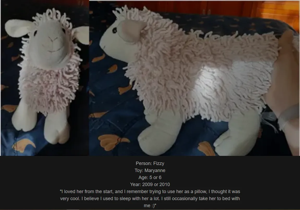 A split image shows a plush sheep toy from two angles: front-facing and side-view, lying on a blue patterned bedspread. A…