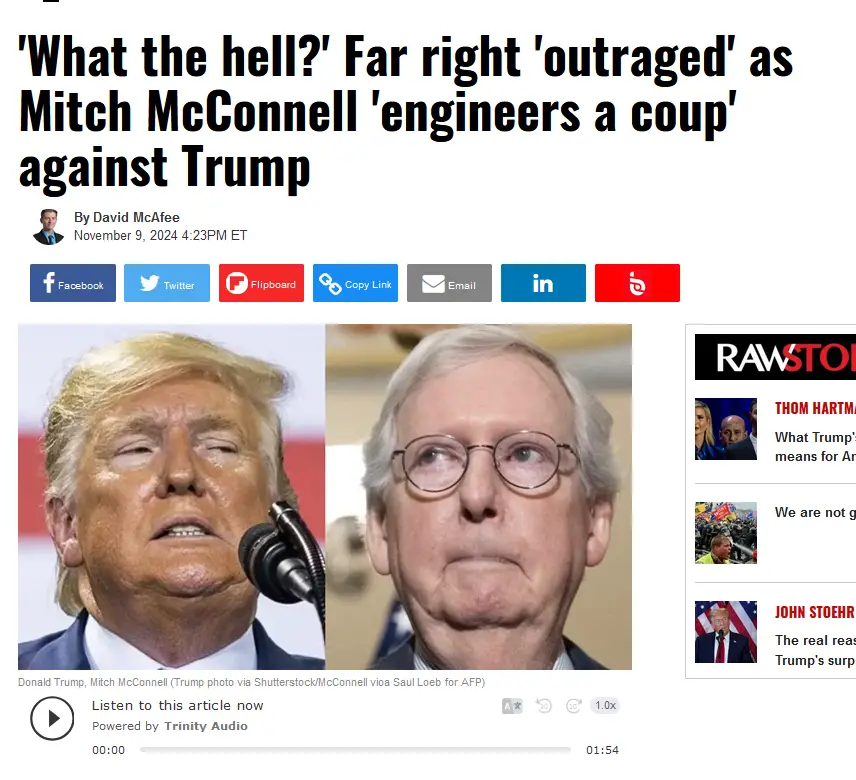 A screenshot of a news article with a headline reading 'What the hell? Far right 'outraged' as Mitch McConnell 'engineers a…