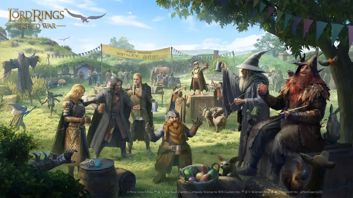 A promotional image for 'The Lord of the Rings: Rise to War' depicts a festive Shire scene with hobbits, elves, dwarves, and…