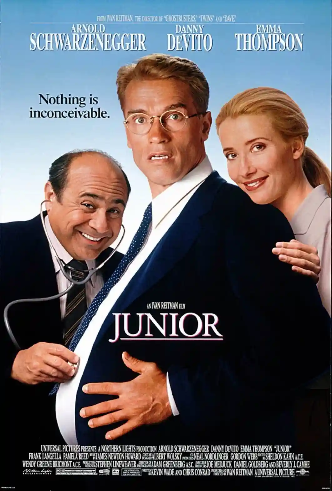 A movie poster for 'Junior' featuring Arnold Schwarzenegger in a suit with a large belly, Danny DeVito holding a stethoscope…