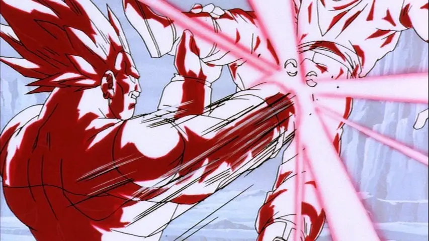 Two anime characters in red and white fighting, their arms locked in a powerful clash that emits pink energy beams radiating…
