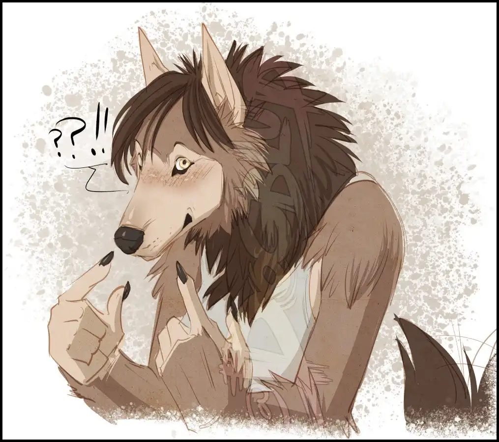 An anthropomorphic wolf with dark brown fur and long hair, wearing a white tank top, looks confused while holding up both…