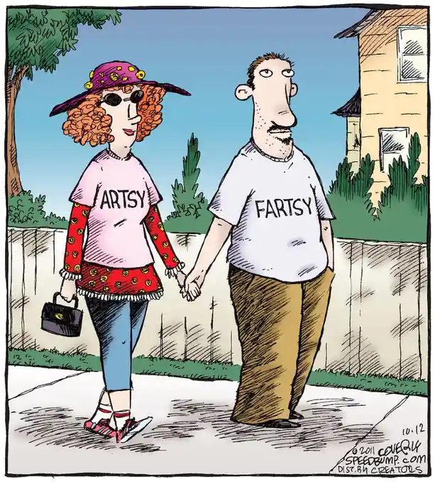 A cartoon couple walks hand-in-hand on a sidewalk; the woman wears a pink 'ARTSY' t-shirt and a colorful hat, while the man…