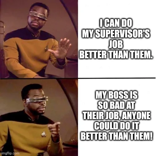 Two-panel meme featuring actor LeVar Burton as Geordi La Forge from Star Trek: The Next Generation. In the top panel, he…