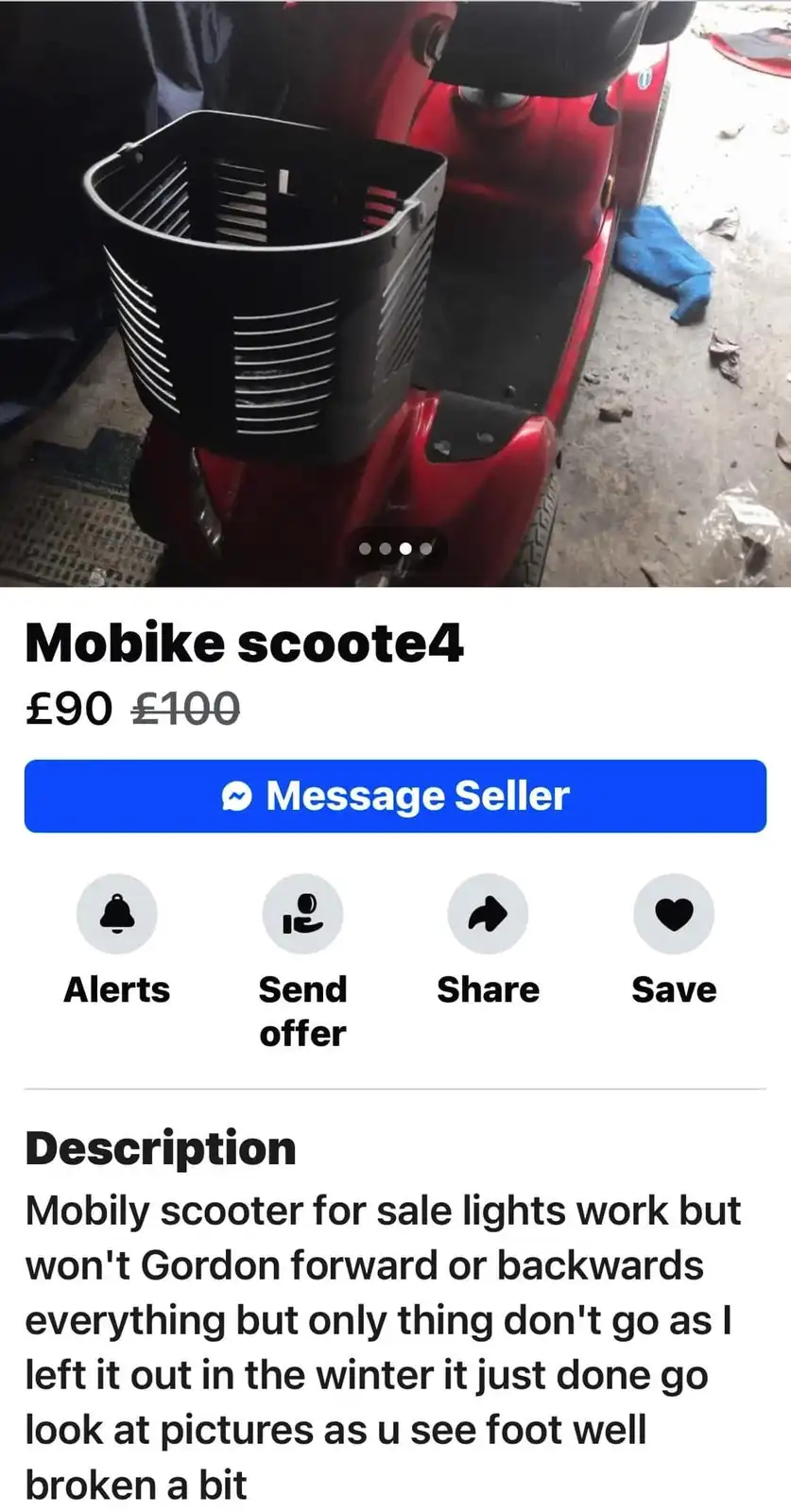The image shows a red mobility scooter with a black basket, displayed on a listing page with a price of £90 (originally…
