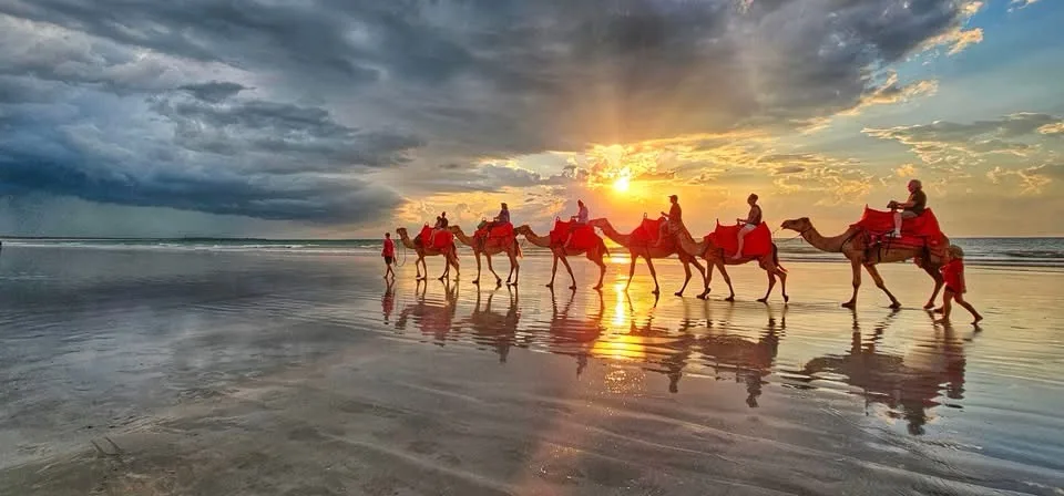 A line of camels with riders walks across a wet beach at sunset, their red saddles reflecting in the water. The sky is…