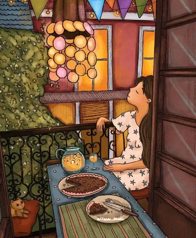 An illustrated woman sits alone on a balcony at night, gazing upward at string lights, with a half-eaten chocolate pie and a…