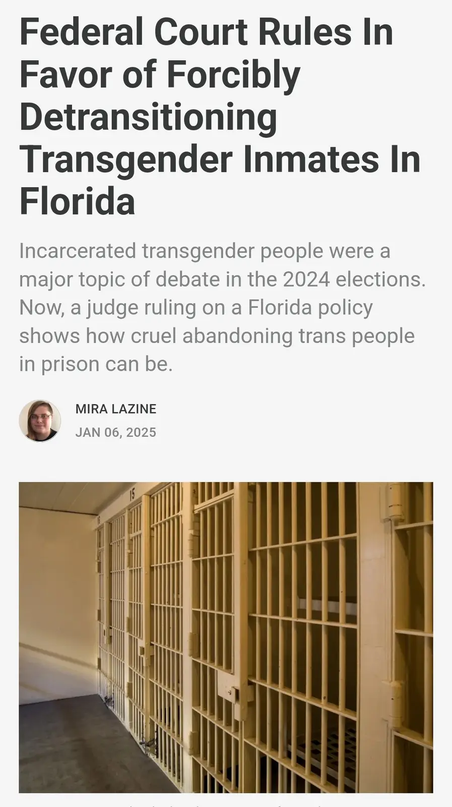 The image displays a news article headline claiming a federal court ruled in favor of forcibly detransitioning transgender…