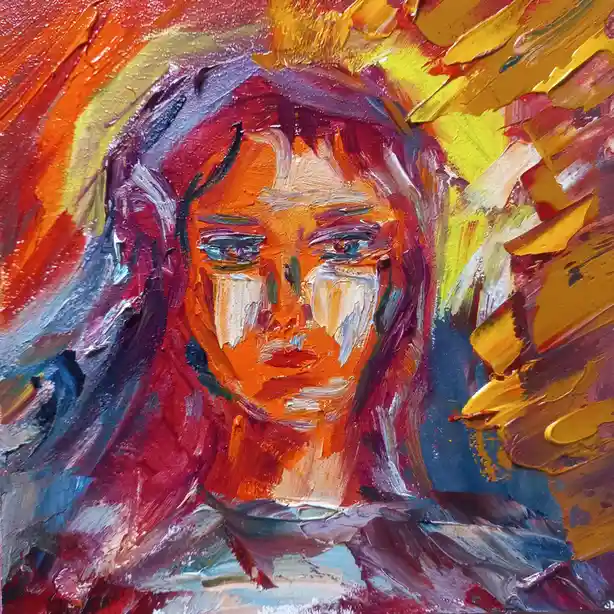 A thickly painted, abstract portrait of a person with visible tears streaming down their face, rendered in vibrant, textured…