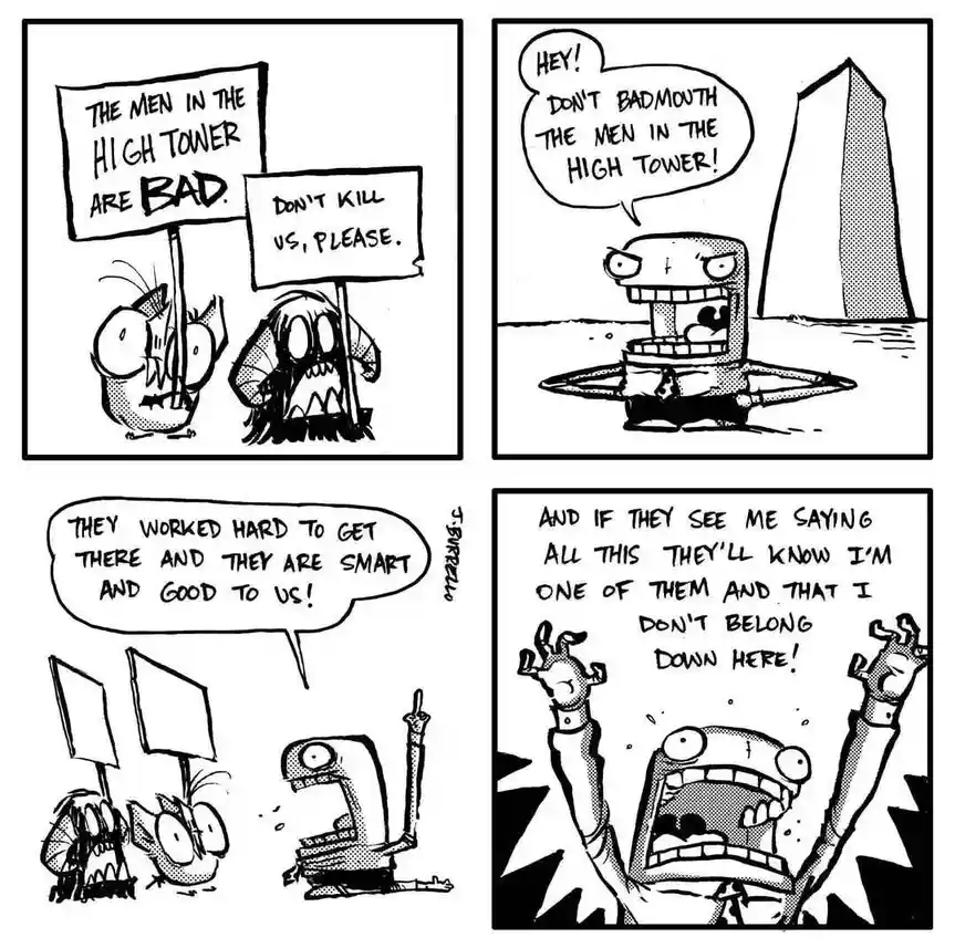 A four-panel black-and-white comic strip featuring cartoonish, monstrous characters. In the first panel, two creatures hold…