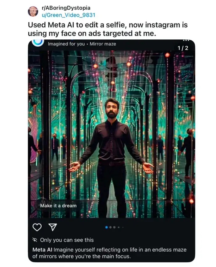 A screenshot of an Instagram post showing a man standing in a surreal, glowing mirror maze with his arms outstretched. The…