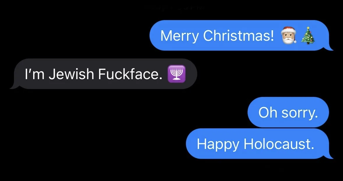 A screenshot of a text conversation shows a user sending 'Merry Christmas!' with Santa and tree emojis. The recipient…