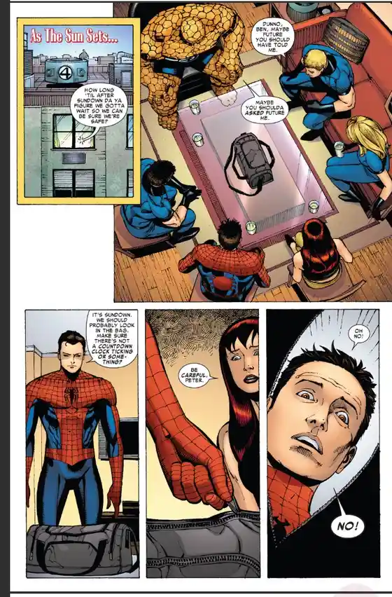 A comic book panel shows the Fantastic Four and Spider-Man gathered around a table with a mysterious bag. Spider-Man opens…