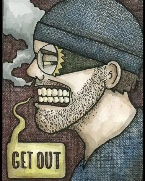 A cartoon drawing of a man with a beard and a beanie, yelling with smoke coming out of his mouth, and a speech bubble that…