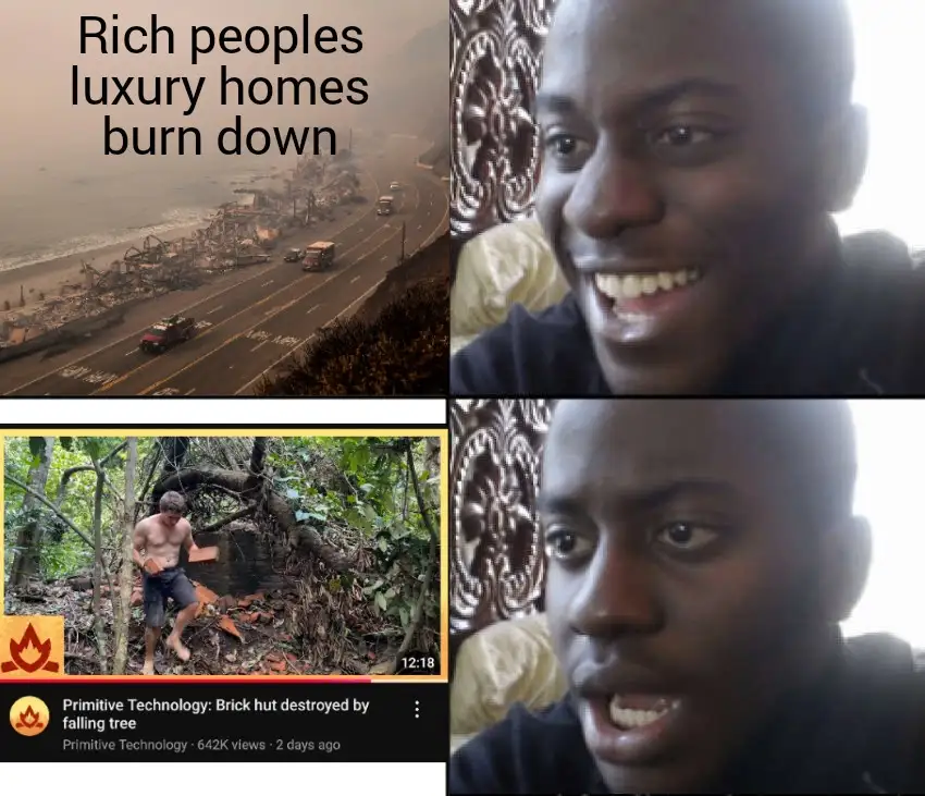The meme features a split-screen layout. Top left shows a coastal road with destroyed luxury homes and smoke, labeled 'Rich…