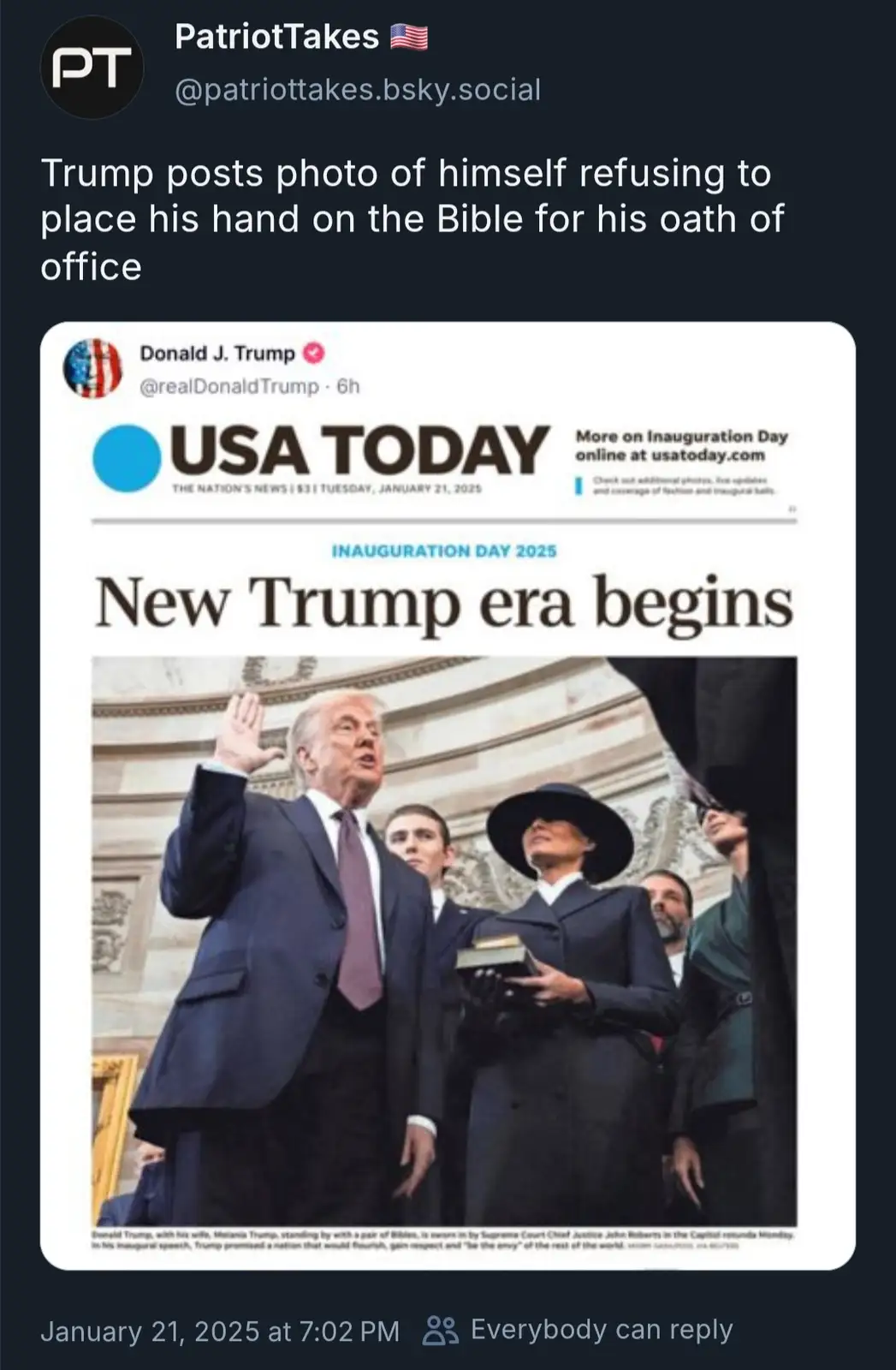 A fake USA TODAY newspaper front page dated January 21, 2025, with the headline 'New Trump era begins' and a photo of Donald…