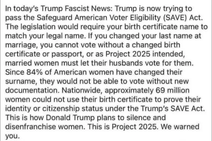 A black-and-white image displays a block of text describing a fictional 'SAVE Act' allegedly proposed by Donald Trump to…