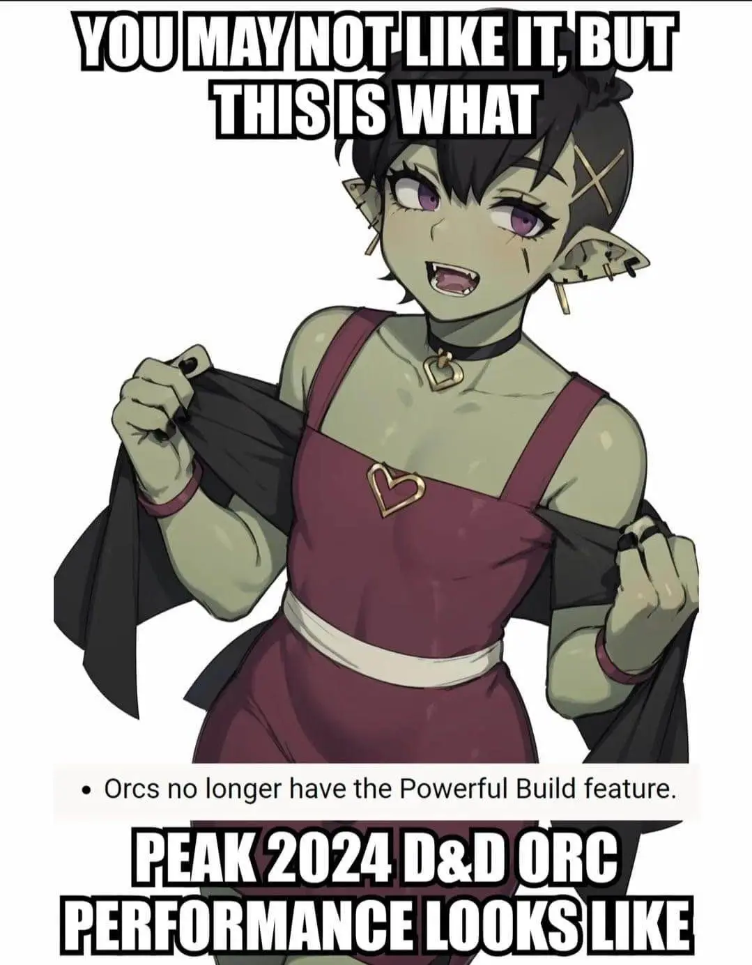An anime-style orc woman with green skin, pointed ears, and purple eyes is pulling open a black cloak to reveal a maroon…