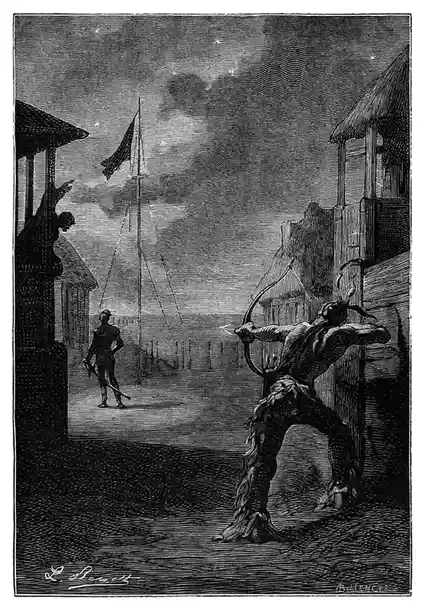 A black-and-white vintage illustration depicts a monstrous, hairy humanoid figure aiming a bow and arrow at a human figure…