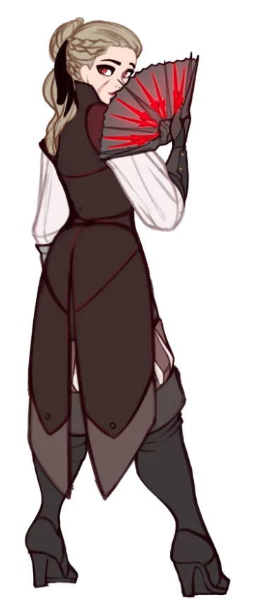 An anime-style female character with blonde hair in a bun, wearing a dark brown outfit with white sleeves and high boots…
