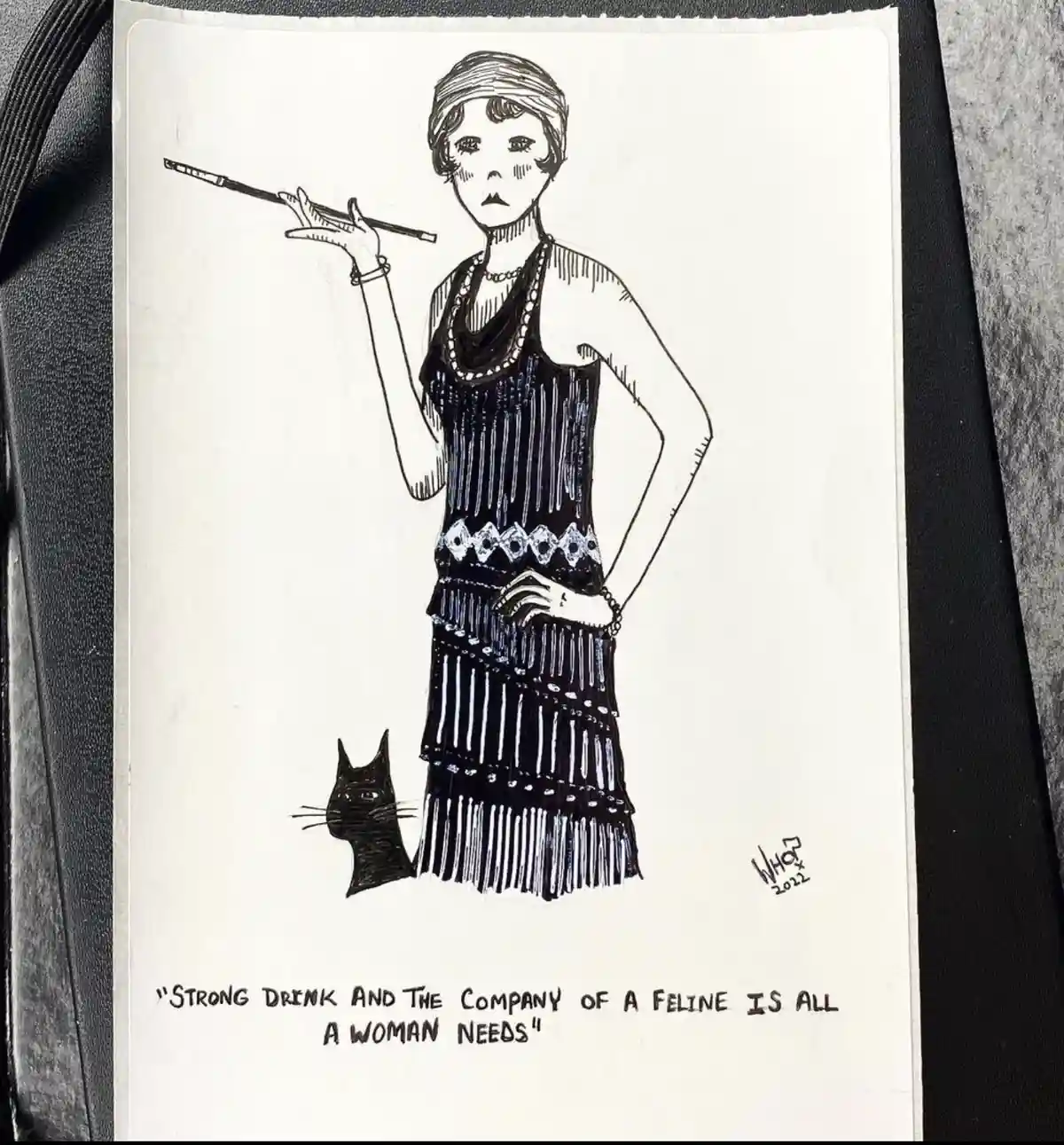 A black-and-white ink drawing depicts a woman in a 1920s flapper dress with a headband, holding a cigarette holder, standing…