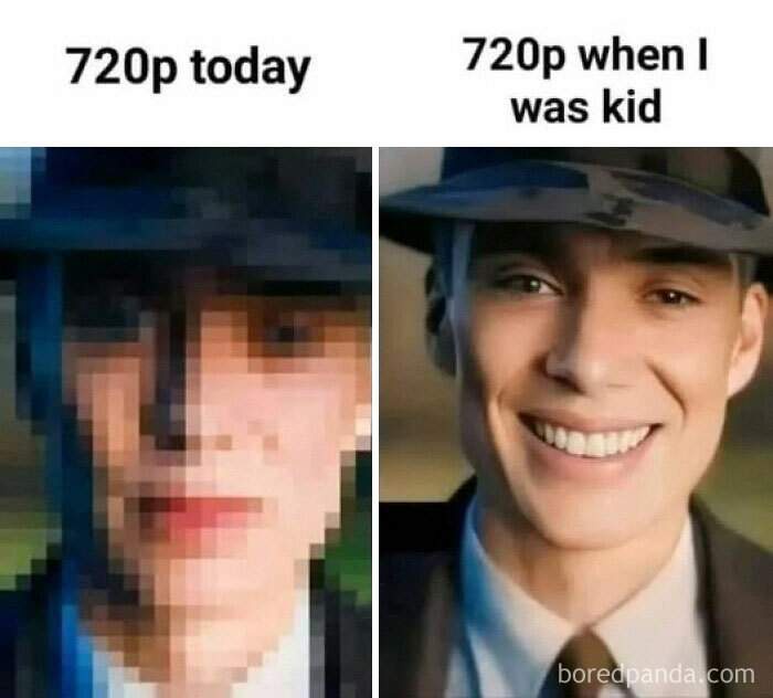 The image is split into two panels. The left panel shows a heavily pixelated, low-resolution image of a man in a hat, with…