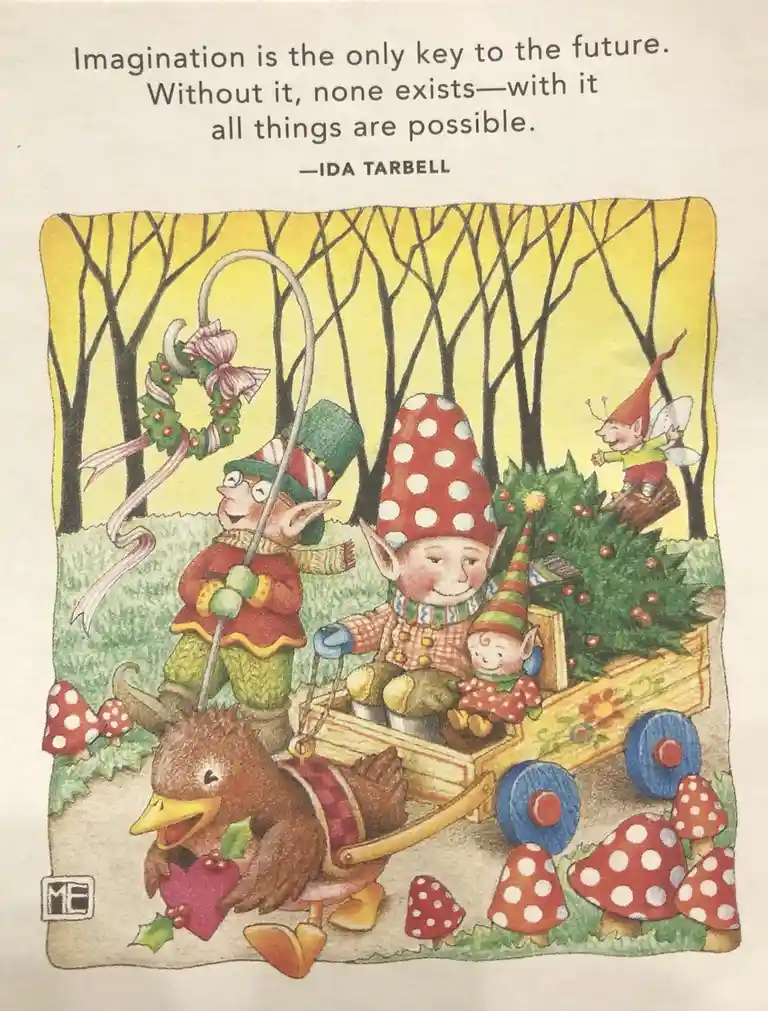 A whimsical illustration shows elves in a forest with a duck pulling a wagon carrying a Christmas tree and a baby elf. One…
