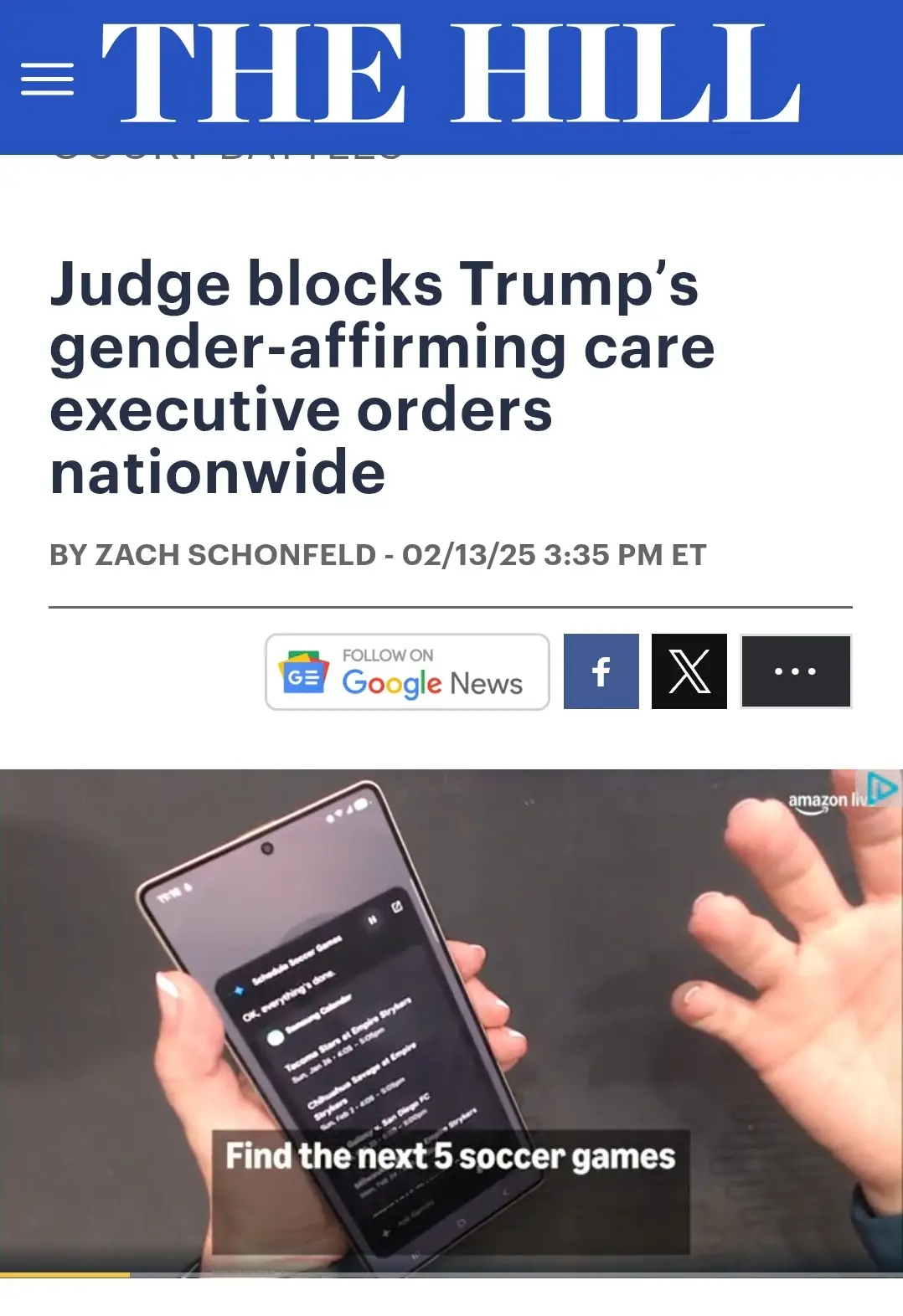 A screenshot of a news article from 'THE HILL' with the headline 'Judge blocks Trump's gender-affirming care executive…