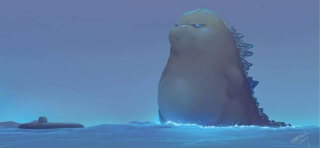 A large, cartoonish Godzilla with a grumpy expression emerges from blue water, its dorsal fins visible. A small submarine is…