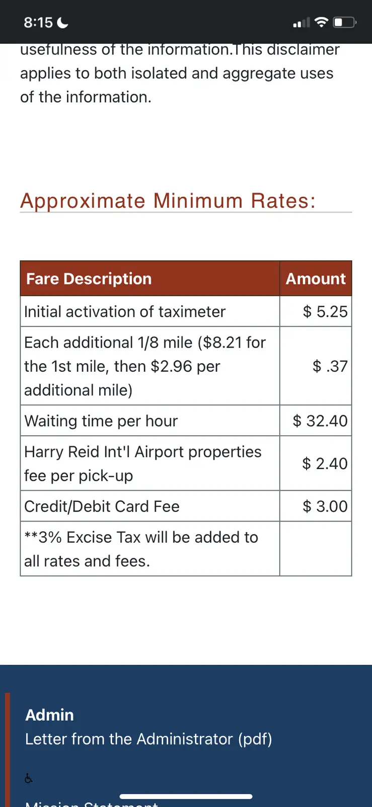 A screenshot of a taxi fare chart showing absurdly high rates, including $32.40 per hour of waiting time and $5.25 just to…