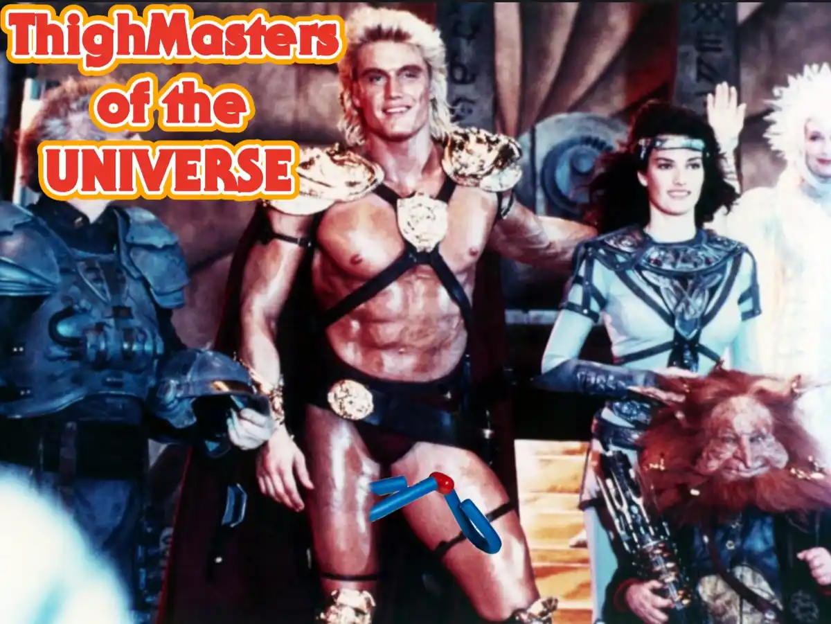 A still from the 1987 film 'He-Man and the Masters of the Universe' shows the titular hero, He-Man, standing center with his…