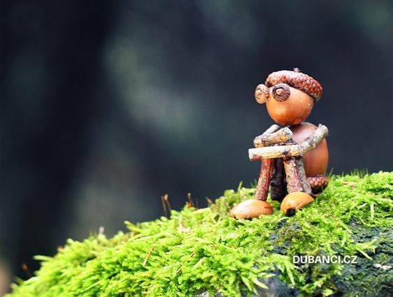 A tiny figurine crafted from acorns and twigs sits cross-legged on a mossy log, appearing contemplative or tired. The…