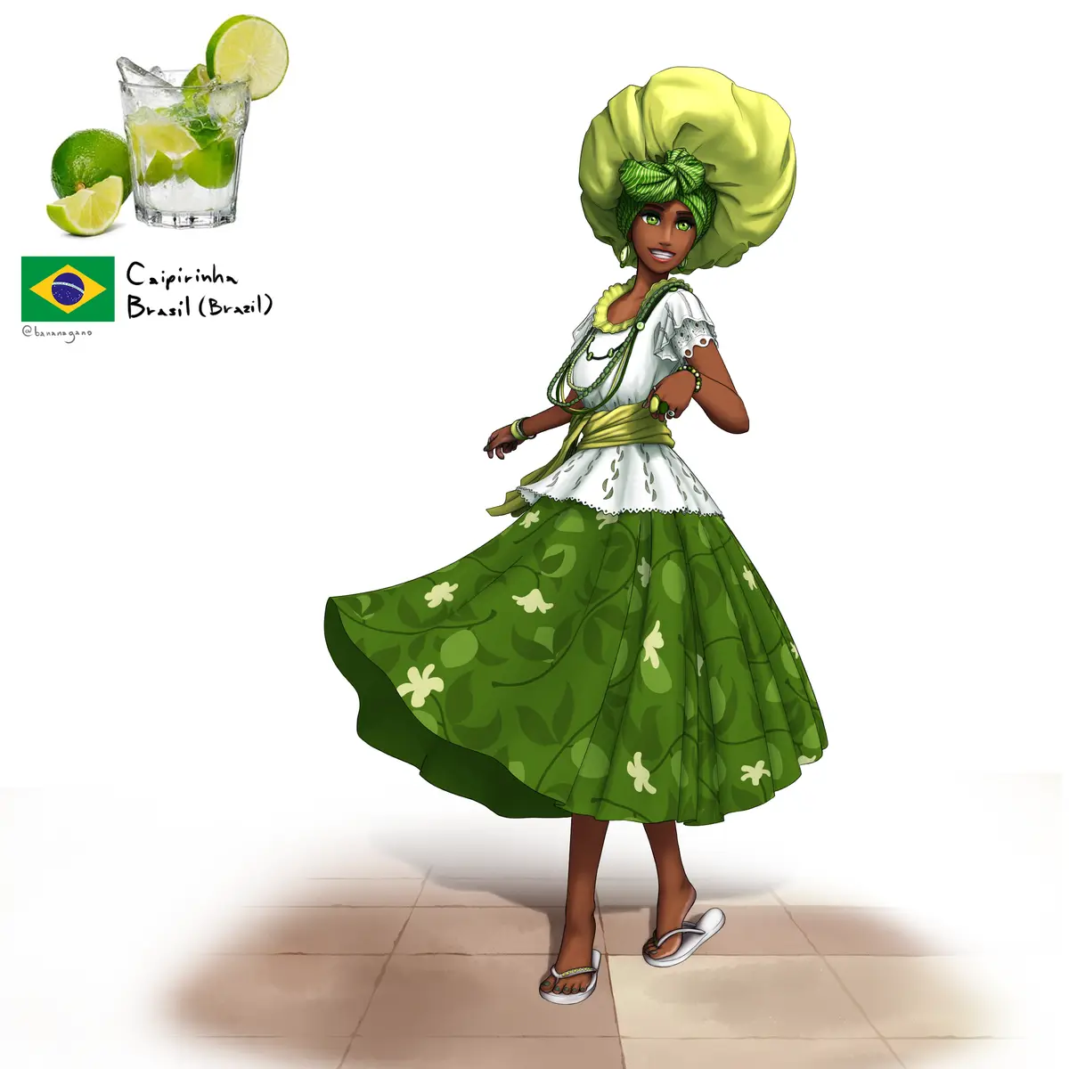 An illustration of a woman in a vibrant green and white traditional Brazilian outfit with a large yellow headwrap, standing…