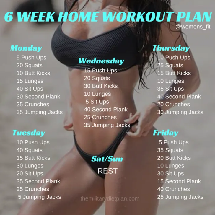 A fitness plan overlaid on a photo of a woman in a black bikini, listing daily exercises for Monday through Friday with…